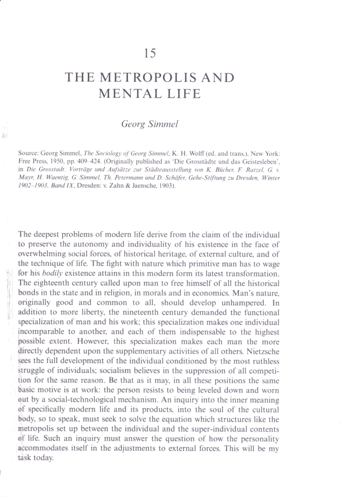 georg simmel metropolis and mental life